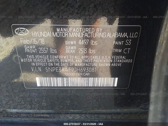 5NPE34AF9JH693081 - 2018 HYUNDAI SONATA SPORT/LIMITED Black photo 9