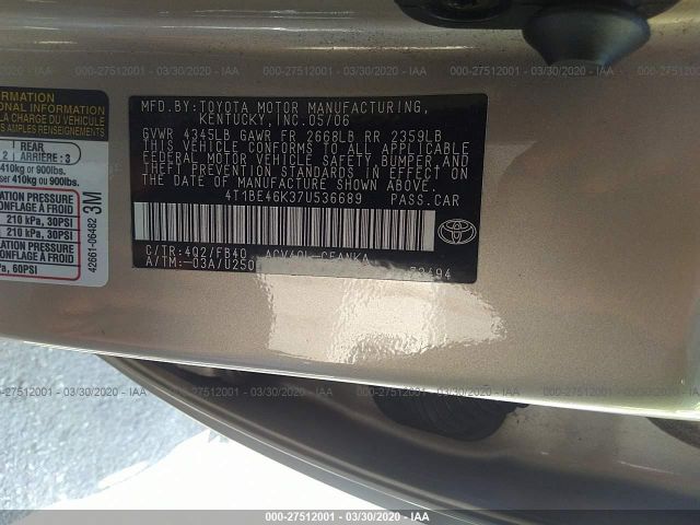4T1BE46K37U536689 - 2007 TOYOTA CAMRY CE/LE/XLE/SE Gold photo 9
