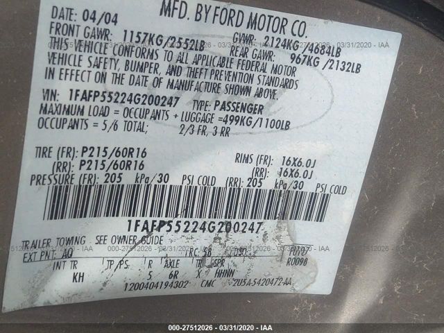 1FAFP55224G200247 - 2004 FORD TAURUS SES Tan photo 9