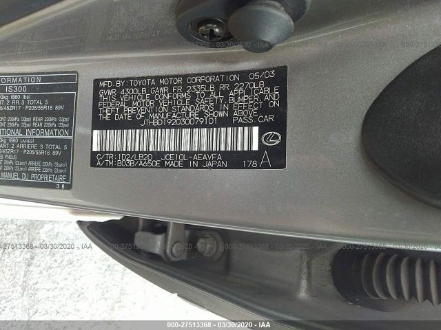 JTHBD192030079101 - 2003 LEXUS IS 300 Gray photo 9