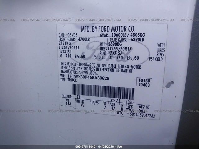 1FTWX30P46EA30828 - 2006 FORD F350 SRW SUPER DUTY White photo 9