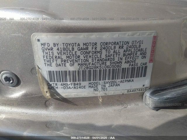 JT2BG28K510605082 - 2001 TOYOTA CAMRY LE/XLE Gold photo 9