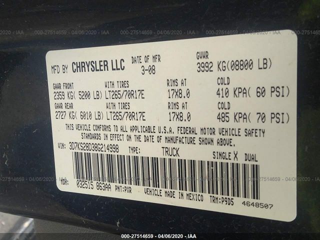 3D7KS28D38G214998 - 2008 DODGE RAM 2500 ST/SLT 黑色 照片 9