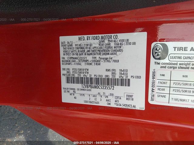 1ZVBP8AM0C5235572 - 2012 FORD MUSTANG  Red photo 9