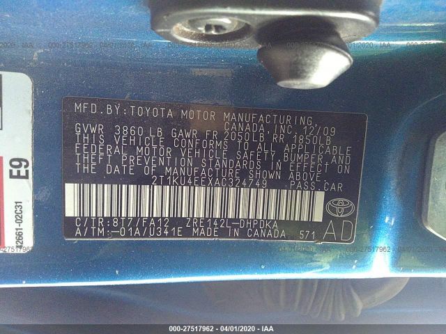 2T1KU4EEXAC324749 - 2010 TOYOTA COROLLA MATRIX  Blue photo 9