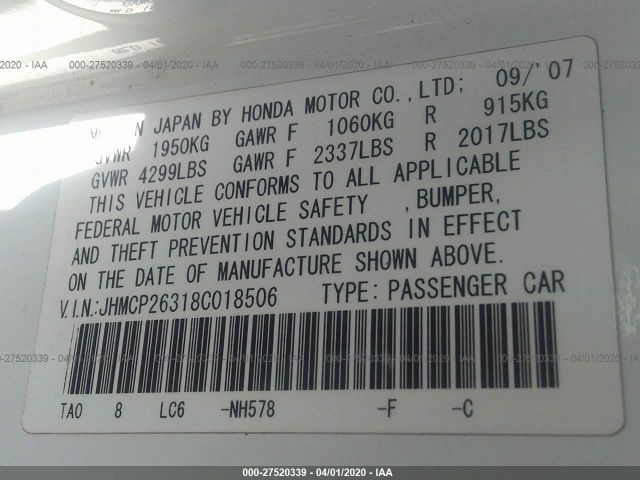 JHMCP26318C018506 - 2008 HONDA ACCORD LX White photo 9