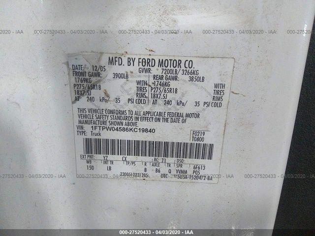 1FTPW04586KC19840 - 2006 FORD F150  White photo 9