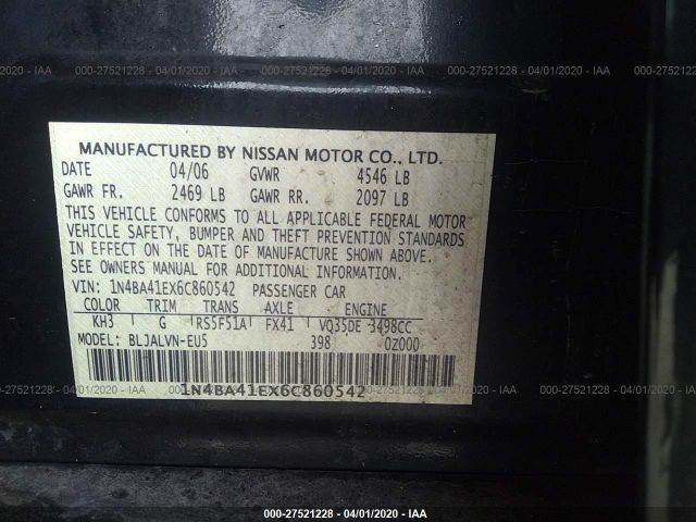 1N4BA41EX6C860542 - 2006 NISSAN MAXIMA SE/SL Black photo 9