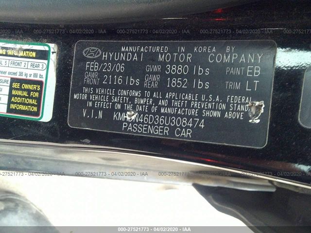 KMHDN46D36U308474 - 2006 HYUNDAI ELANTRA GLS/GT/LIMITED Black photo 9