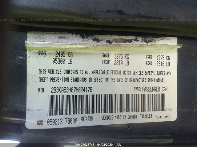 2B3KA53H87H824176 - 2007 DODGE CHARGER R/T Gray photo 9