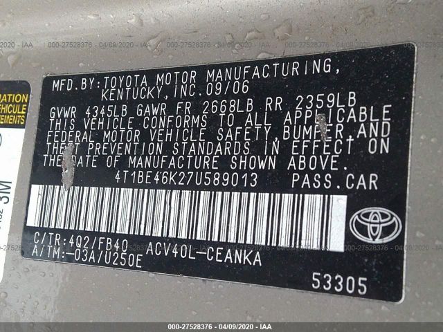 4T1BE46K27U589013 - 2007 TOYOTA CAMRY CE/LE/XLE/SE Gold photo 9