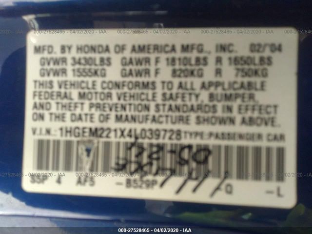 1HGEM221X4L039728 - 2004 HONDA CIVIC DX VP Mavi foto 9