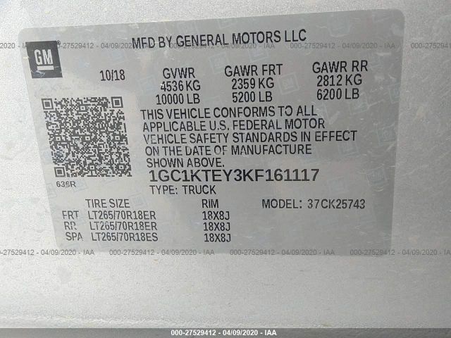 1GC1KTEY3KF161117 - 2019 CHEVROLET SILVERADO K2500 HEAVY DUTY LTZ Silver photo 9