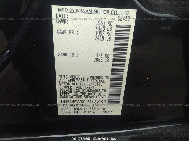 1N4BL4EV2KC202731 - 2019 NISSAN ALTIMA SL Black photo 9