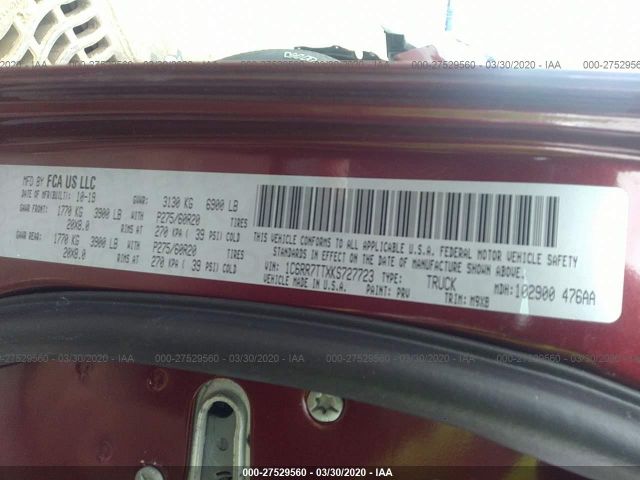 1C6RR7TTXKS727723 - 2019 RAM 1500 CLASSIC SLT Burdeos foto 9