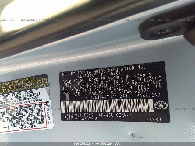 4T1BE46K27U711241 - 2007 TOYOTA CAMRY CE/LE/XLE/SE Light Blue photo 9