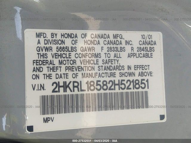 2HKRL18582H521851 - 2002 HONDA ODYSSEY LX Silver photo 9