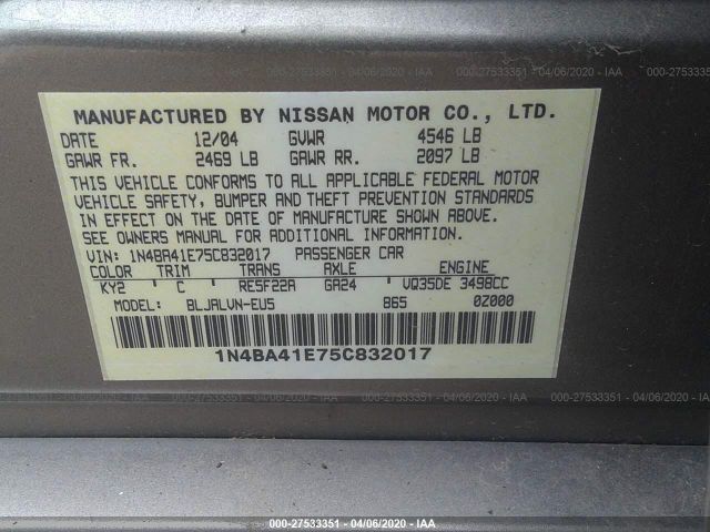 1N4BA41E75C832017 - 2005 NISSAN MAXIMA SE/SL Gold photo 9