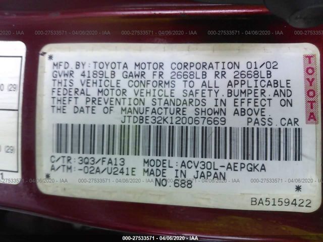 JTDBE32K120067669 - 2002 TOYOTA CAMRY LE/XLE/SE Red photo 9
