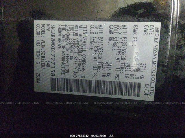 5N1AR2MMXEC727358 - 2014 NISSAN PATHFINDER S/SV/SL/PLATINUM Black photo 9