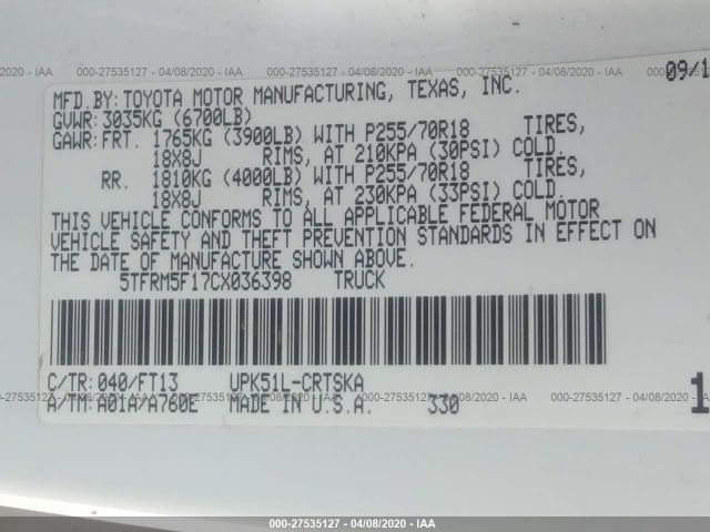 5TFRM5F17CX036398 - 2012 TOYOTA TUNDRA DOUBLE CAB SR5 White photo 9