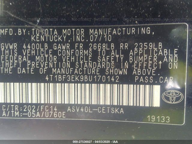 4T1BF3EK9BU170142 - 2011 TOYOTA CAMRY SE/LE/XLE Black photo 9