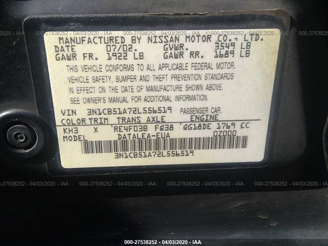 3N1CB51A72L556519 - 2002 NISSAN SENTRA GXE Black photo 9