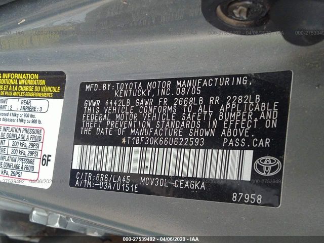 4T1BF30K66U622593 - 2006 TOYOTA CAMRY LE/XLE/SE Gray photo 9