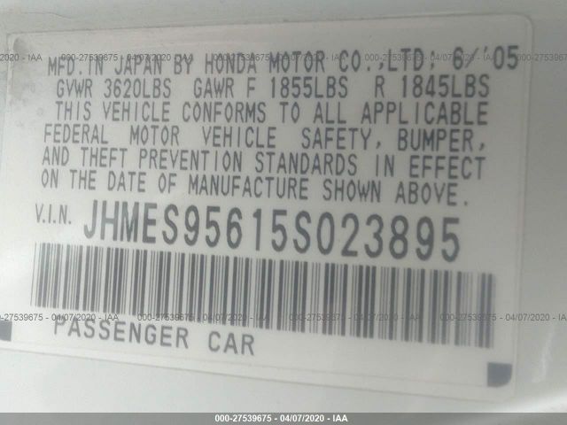 JHMES95615S023895 - 2005 HONDA CIVIC HYBRID White photo 9