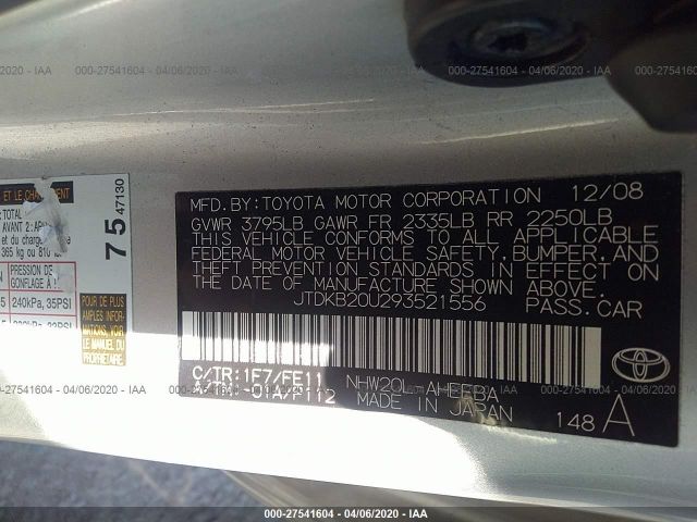 JTDKB20U293521556 - 2009 TOYOTA PRIUS  Silver photo 9