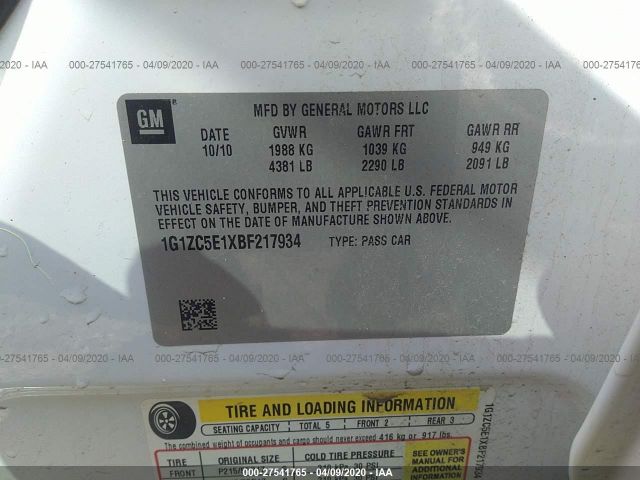 1G1ZC5E1XBF217934 - 2011 CHEVROLET MALIBU 1LT 白色 照片 9