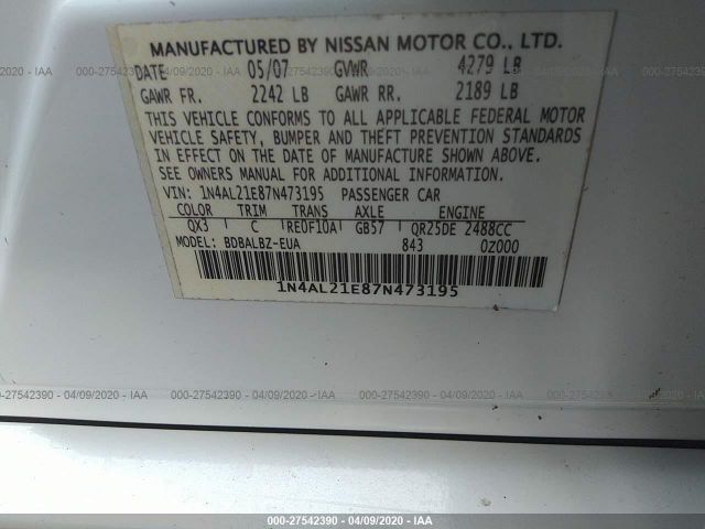 1N4AL21E87N473195 - 2007 NISSAN ALTIMA 2.5/2.5S White photo 9