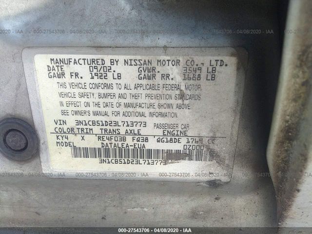 3N1CB51D23L713773 - 2003 NISSAN SENTRA XE/GXE Silver photo 9