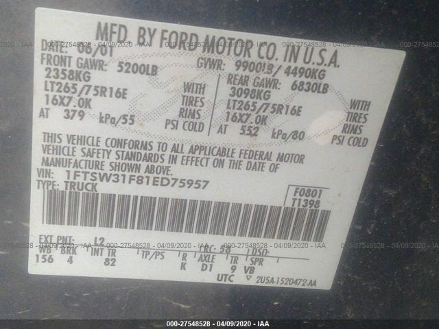 1FTSW31F81ED75957 - 2001 FORD F350 SRW SUPER DUTY Blue photo 9