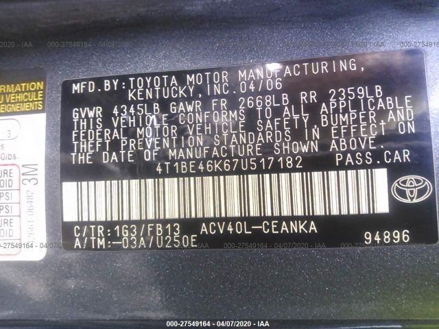 4T1BE46K67U517182 - 2007 TOYOTA CAMRY CE/LE/XLE/SE 黑色 照片 9