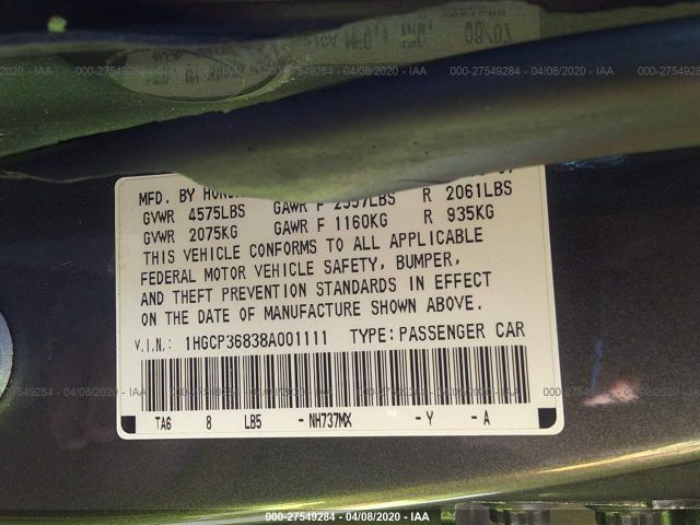 1HGCP36838A001111 - 2008 HONDA ACCORD EXL Gray photo 9