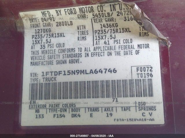 1FTDF15N9MLA64746 - 1991 FORD F150  Red photo 9