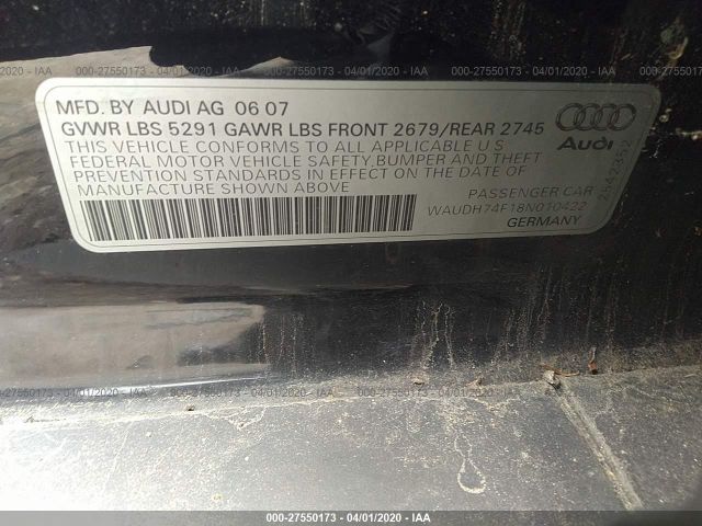 WAUDH74F18N010422 - 2008 AUDI A6 3.2 QUATTRO Black photo 9