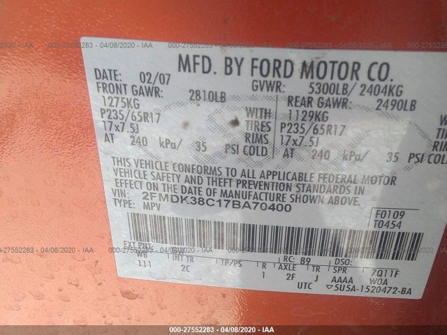 2FMDK38C17BA70400 - 2007 FORD EDGE SEL Orange photo 9