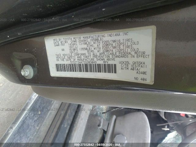 5TDZT34A73S203049 - 2003 TOYOTA SEQUOIA SR5 Gray photo 9