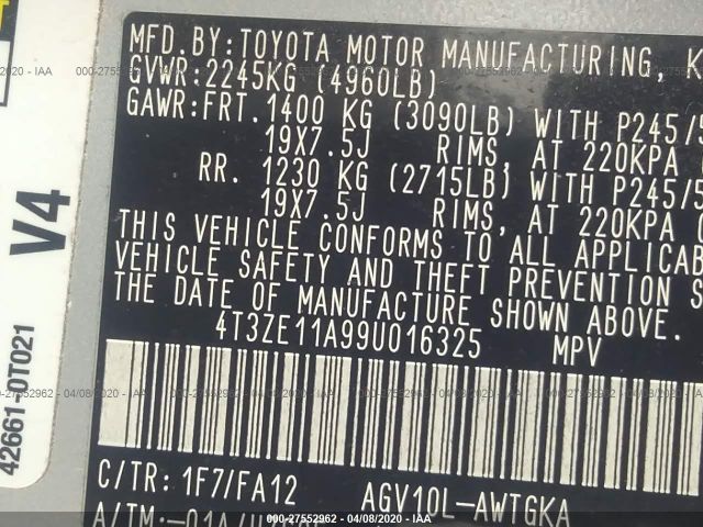 4T3ZE11A99U016325 - 2009 TOYOTA VENZA  Silver photo 9