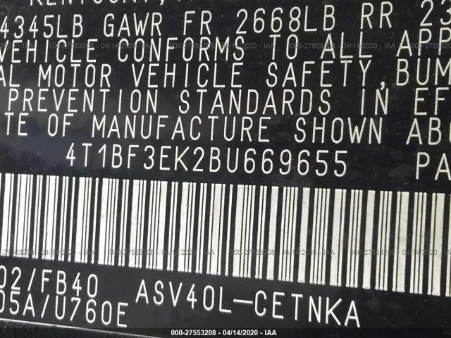 4T1BF3EK2BU669655 - 2011 TOYOTA CAMRY SE/LE/XLE 黑色 照片 9