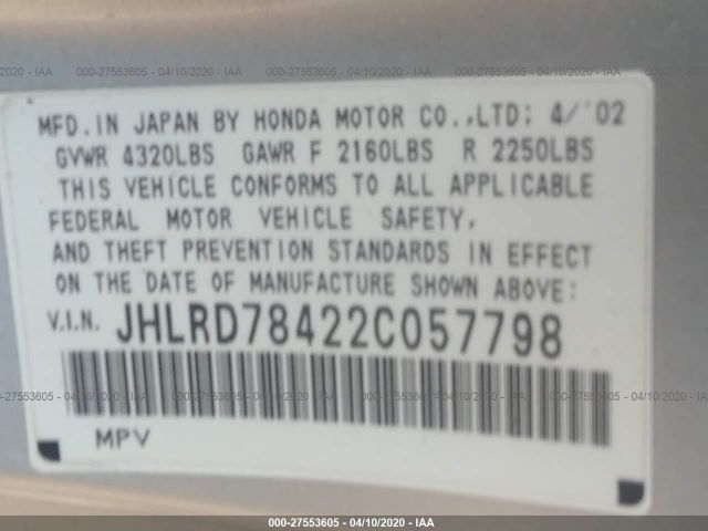 JHLRD78422C057798 - 2002 HONDA CR-V LX Silver photo 9