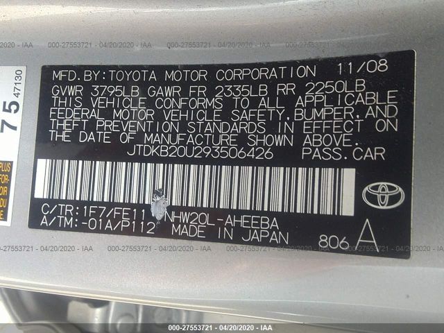 JTDKB20U293506426 - 2009 TOYOTA PRIUS  Silver photo 9