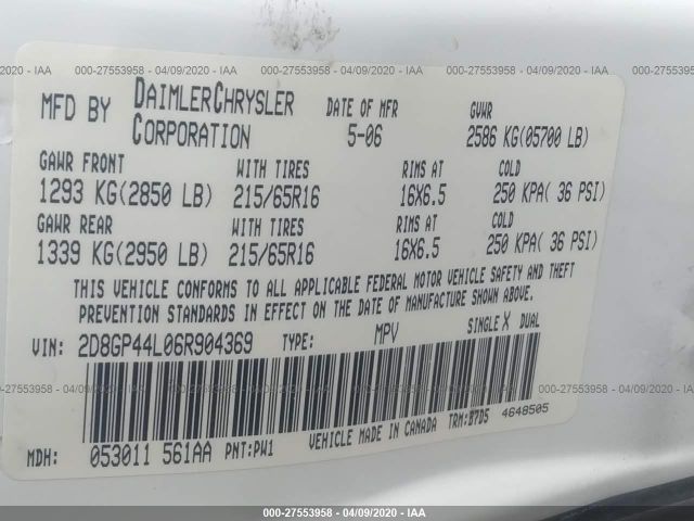 2D8GP44L06R904369 - 2006 DODGE GRAND CARAVAN SXT White photo 9