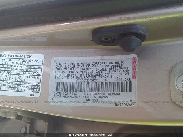 JTDBE32K520006048 - 2002 TOYOTA CAMRY LE/XLE/SE Gold photo 9