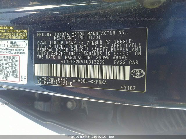 4T1BE32K54U343259 - 2004 TOYOTA CAMRY LE/XLE/SE Blue photo 9