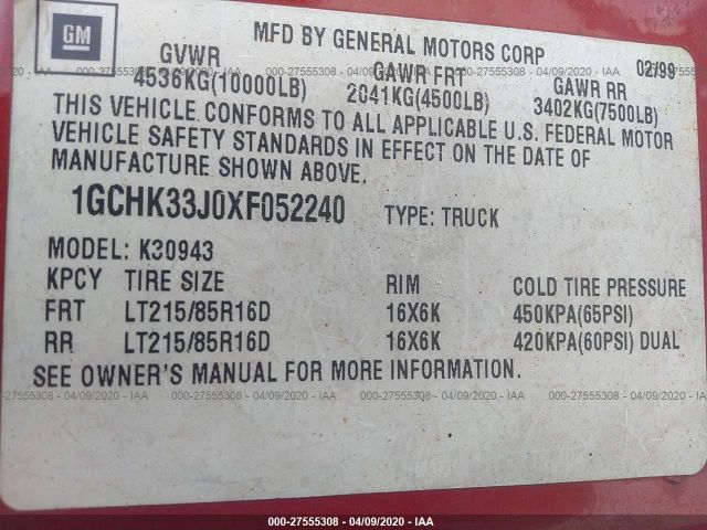 1GCHK33J0XF052240 - 1999 CHEVROLET GMT-400 K3500 Red photo 9