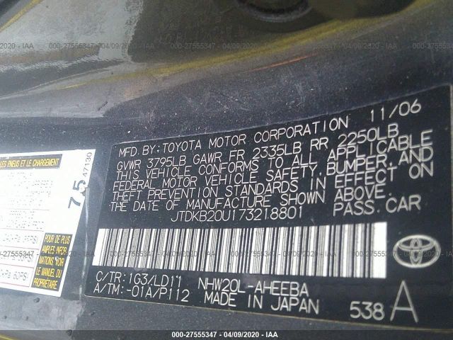 JTDKB20U173218801 - 2007 TOYOTA PRIUS  Gray photo 9