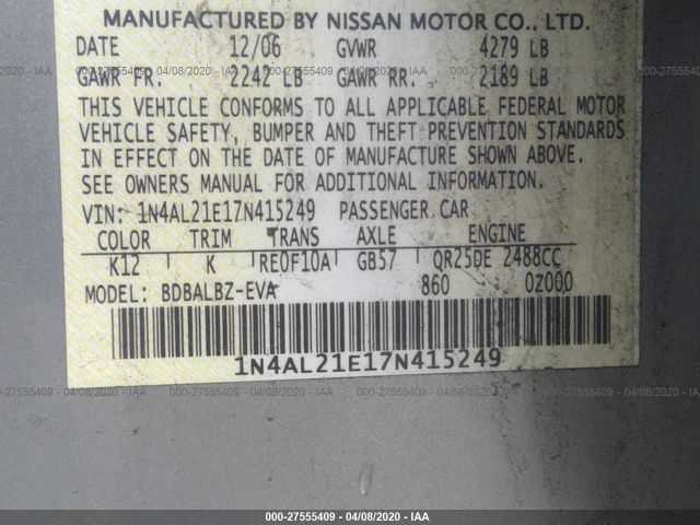 1N4AL21E17N415249 - 2007 NISSAN ALTIMA 2.5/2.5S Silver photo 9